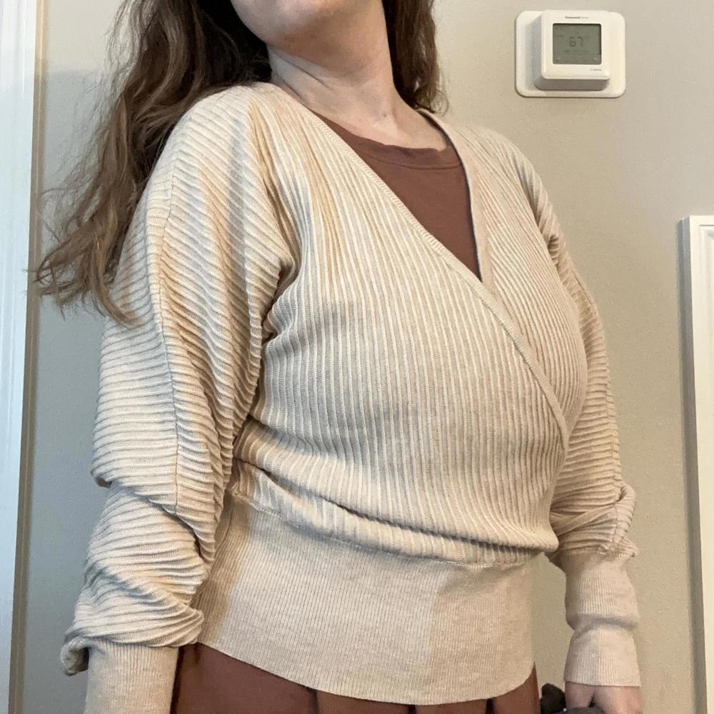 Pinque Ribbed Faux Wrap Sweater V-Neck in Beige - Size M